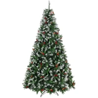 HOMCOM Brad Artificial Înnăzăpezit 240 cm cu 1773 vârfuri boabe roșii conuri bază pliabilă din oțel montaj rapid verde(m-8)