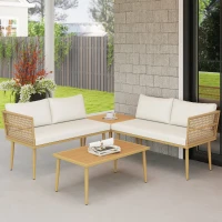 Outsunny Set Mobilier de Exterior din Ratan PE cu 2 Canapele de 2 Locuri cu Perne și 2 Mese de Cafea, Culoare Lemn(m-10)