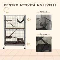 PawHut Gabbia per Roditori con 4 Ingressi a Livelli Multipli con Amaca, in Metallo e PP, 80x52x128 cm, Argento e Grigio(m-6)