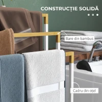 kleankin Suport independent pentru prosoape cu 3 bare din bambus și oțel, 45x22,5x86 cm, alb și culoarea lemnului(m-5)