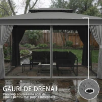 Outsunny Foișor de Grădină cu Acoperiș pe 2 Nivele, Plase de Țânțari și Perdele, din Metal și Poliester, 380x300x270 cm, Gri Închis(m-8)