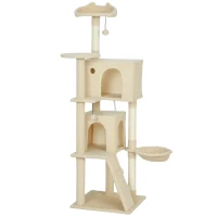 PawHut Kratzbaum 160 cm Katzenturm mit Hängematte, Leiter, Höhle, 2 Plüschballen, Sisalstämme, 48 x 48 x 160 cm, Beige(m-1)