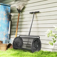 Outsunny Espalhador de Composto 300L 70x40x112 cm Espalhador de Adubo para Relvado com Guiador Ajustável Cesto de Rede Metálica Preto(m-10)