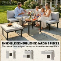 Outsunny Salon de jardin extérieur d'angle modulable 6 personnes, table basse avec plateau en verre trempé, gris clair(m-4)