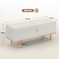 HOMCOM Bancă de Depozitare de 80L Tapițată cu Material Textil și Picioare din Lemn, 118x42x45 cm, Crem(m-3)