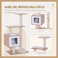 PawHut Arbre à chats design contemporain griffoirs grattoirs sisal naturel centre d'activités niche plate-formes jeu boules suspendues 71,5L x 49,5l x 120H cm MDF hêtre clair(m-4)
