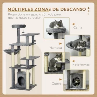 PawHut Torre para Gatos Grande de 144 cm con Postes para Rascar Cama Cueva Plataformas y Bolas Colgantes 49x49x144 cm Gris(m-4)