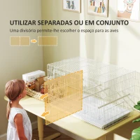 PawHut Gaiola para Pássaros com Divisória Gaiola para Aves com 4 Comedouros 4 Poleiros e Bandeja Amovível 76x46x46 cm Branco(m-5)