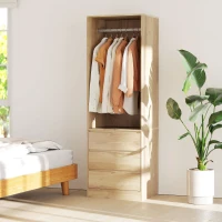 HOMCOM Dulap Garderobă cu Bară pentru Umerașe, Raft Deschis și 3 Sertare, din Lemn, 60x48,5x185 cm, culoare Teak(m-9)