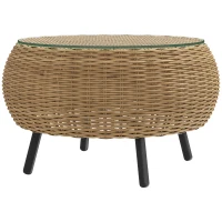 Outsunny Beistelltisch aus Polyrattan runder Kaffeetisch Couchtisch mit Glas Tischplatte Ø75 x 42 cm Braun(m-11)