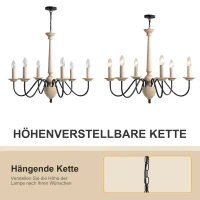 HOMCOM Kronleuchter Hängelampe 6-flammig Pendelleuchte mit Glas königlich traditionell klassisch mit 6 Armen, Stahl, Schwarz+Holzfarbe, 60x60x105 cm(m-5)