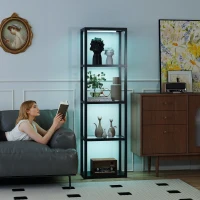 HOMCOM RGB Stehlampe mit Glasregalen, 4-Ebenen-LED-Stehleuchte mit Fernbedienung, Musiksynchronisation, Schwarz(m-9)