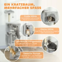 PawHut 140 cm Katzenkratzbaum, mehrere Ebenen, Sisal-Kratzpfosten, Höhlen, Plüsch-Plattformen, Hängematte, Leiter, Spielbälle(m-4)