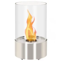 HOMCOM Biokamin Ethanol Kamin Bio Ethanol Brenner 0,4L Brenndauer kein Rauch mit Feuerlöschhaken Edelstahl gehärtetes Glas Silber 23 x 23 x 39 cm(m-11)