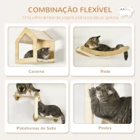 PawHut Prateleiras de Parede para Gatos 3 Peças com Caverna Rede Plataforma e Poste de Sisal Carvalho(m-5)