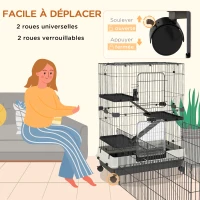 PawHut Cage pour petits animaux roulante 3 plates-formes démontables 3 rampes plateau inférieur amovible métal PP noir(m-5)