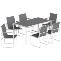 Outsunny Conjunto de Mesa e Cadeiras de Jardim de 7 Peças com Mesa de Vidro Temperado 6 Cadeiras e Estrutura em Aço Branco e Cinza(m-1)