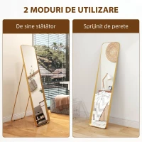 HOMCOM Oglindă de Podea 40x160cm Dreptunghiulară în Mărime Naturală cu Suport Autoportant, Auriu(m-5)