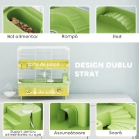 PawHut Cușcă pentru Hamsteri cu 2 Nivele și 3 Uși cu Roată și Tuburi, din Oțel, PS și PP, 44.5x28x44 cm, Verde și Alb(m-4)