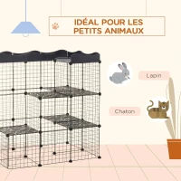 PawHut Cage parc enclos pour petits animaux chats lapins modulable 3 niveaux 2 portes rampe fil métallique 105 x 70 x 116 cm noir(m-7)