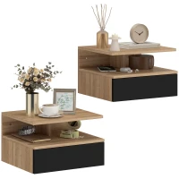 HOMCOM Set de 2 Noptiere Suspendate cu Sertar și Raft Deschis, 35x32x22.5 cm, Negru și Stejar(m-11)