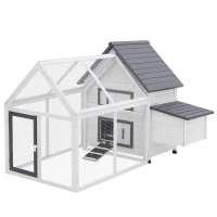 PawHut Gallinero de Madera para Exterior Jaula Grande de 2 Niveles 166x124x112 cm con Corral de Alambre Caja Nido Bandeja Extraíble y Rampa Gris y Blanco(m-11)