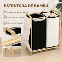 HOMCOM Cesto de Roupa Suja com Tampa 120L de Bambu com 2 Compartimentos Sacos com Cordão Bolsos Laterais Branco e Preto(m-7)