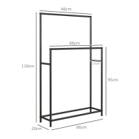 HOMCOM Toalheiro de Pé de 2 Níveis Toalheiro Casa de Banho com 2 Barras e Estrutura de Metal 66x20x110 cm Preto(m-3)