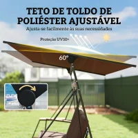 Outsunny Baloiço de Jardim de 3 Lugares com Teto Ajustável UPF50+ 2 Bandejas Almofadas e Estrutura em Metal 222x131x175 cm Marrom(m-6)