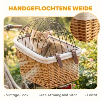 PawHut Fahrradkorb für Hunde & Katzen, Handgeflochtener Tierkorb mit Metallabdeckung & weichem Kissen, Hellbraun(m-6)