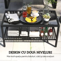 Outsunny Măsuță de Cafea din Ratan pe 2 Niveluri cu Raft, Blat din Sticlă Securizată, Măsuță de Exterior cu Cadru din Oțel, 92x50x45 cm, Negru(m-4)