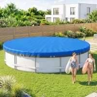 Outsunny Poolabdeckung rund Ø 550 cm staub- und wasserdichte Abdeckplane mit Sicherungsseil Spanner für Sommer & Winter, Blau(m-2)