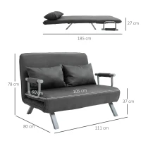 HOMCOM Sofá Cama de 2 Lugares Estofado em Camurça Sintética com Encosto Ajustável em 5 Níveis e 2 Almofadas 111x80x78 cm Cinzento(m-3)