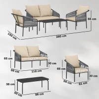 Outsunny Set Grădină Ratan 4 Piese, Canapea 2 Locuri, 2 Fotolii, Măsuță Metal, Cadru Oțel, Bej Gri Deschis(m-3)