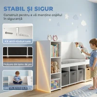 AIYAPLAY Raft Depozitare Jucării Copii 3-8 Ani cu Bibliotecă pe 3 Niveluri, 3 Sertare, 4 Compartimente, Pernă, Alb(m-7)