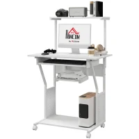HOMCOM Secretária para Computador com Rodas, Bandeja para Teclado, Suporte para CPU e Prateleiras 80x50x130 cm Branco(m-9)