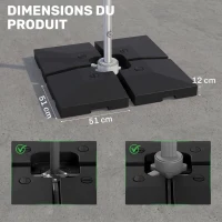 Outsunny Lot de 4 pied de parasol poids de lestage carré pour parasols déportés dim. par dalle 51L x 51l x 12H cm polyéthylène - A remplir d'eau jusqu'à 80 kg ou de sable jusqu'à 120 kg - noir(m-3)