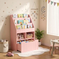HOMCOM Estante de Madeira para Brinquedos com 3 Compartimentos 2 Prateleiras e Gaveta Móvel com 4 Rodas 60x29,9x90 cm Rosa(m-10)