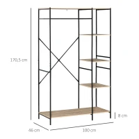 HOMCOM Suporte para Cabides Cabideiro de Madeira com 4 Prateleiras de Arrumação e Barra de Pendurar 100x46x170,5cm Madeira e Preto(m-3)