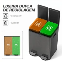 HOMCOM Papeleira de Cozinha em Aço Inoxidável com 2 Compartimentos 2x20L Pedal, Tampas de Fecho Suave e Balde Removível Preto(m-4)