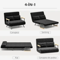 HOMCOM Canapea extensibilă 3 în 1 din material cu efect de catifea, cu spătar reglabil și 2 perne, 102x73x81 cm, negru(m-4)