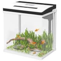 PawHut Aquário de Cristal de 13L Aquário Pequeno com Sistema de Filtração Iluminação LED e Bomba de Água 29x20x30,5 cm Branco(m-11)