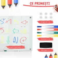 Vinsetto Tablă albă din sticlă și aluminiu cu 4 markere colorate și burete ștergător, 90x60x0,4 cm(m-5)
