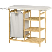 HOMCOM Cesto de Roupa Suja 57,4L com Tábua de Passar Suporte para Ferro 3 Prateleiras e Bolsa Removível 113x34x82 cm Madeira e Cinza(m-11)