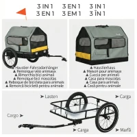PawHut Remorcă 3 în 1 pentru câini cu căsuță detașabilă și steguleț pentru câini de talie mică, gri(m-4)