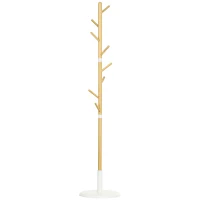 HOMCOM Cuier tip copac cu 8 cârlige și bază rotundă din bambus, lemn și metal, Ø37.8x175.6 cm, culoare lemn și alb(m-13)