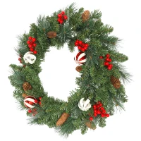 HOMCOM Ghirlandă de Crăciun de 60 cm cu 146 ramuri cu zăpadă artificială, conuri, fructe de pădure și globuri, verde(m-12)