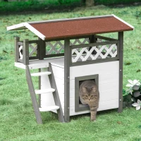 PawHut Casa para Gatos de Madeira 77x50x73cm Casa para Gatos com 2 Níveis com Teto Asfáltico Terraço Cercado Caverna e Escada para Interior e Exterior Branco e Cinza(m-9)