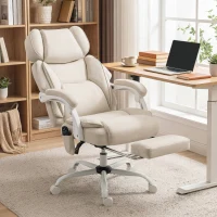 HOMCOM Cadeira de Escritório Reclinável com Massagem Vibratória de 6 Pontos Aquecimento Lombar Apoio de Cabeça Ajustável Apoio para os Pés Creme(m-2)