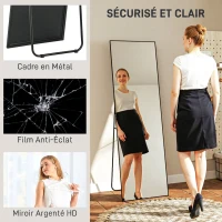 HOMCOM Grand miroir pleine longueur rectangulaire, 50 x 160 cm, miroir sur pied, mural ou pocé contre mur, noir(m-5)